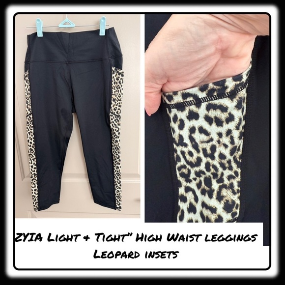 ZYIA Pants - ZYIA Black + Leopard  “Light & Tight” high waist leggings Size 14-16 20” Capris